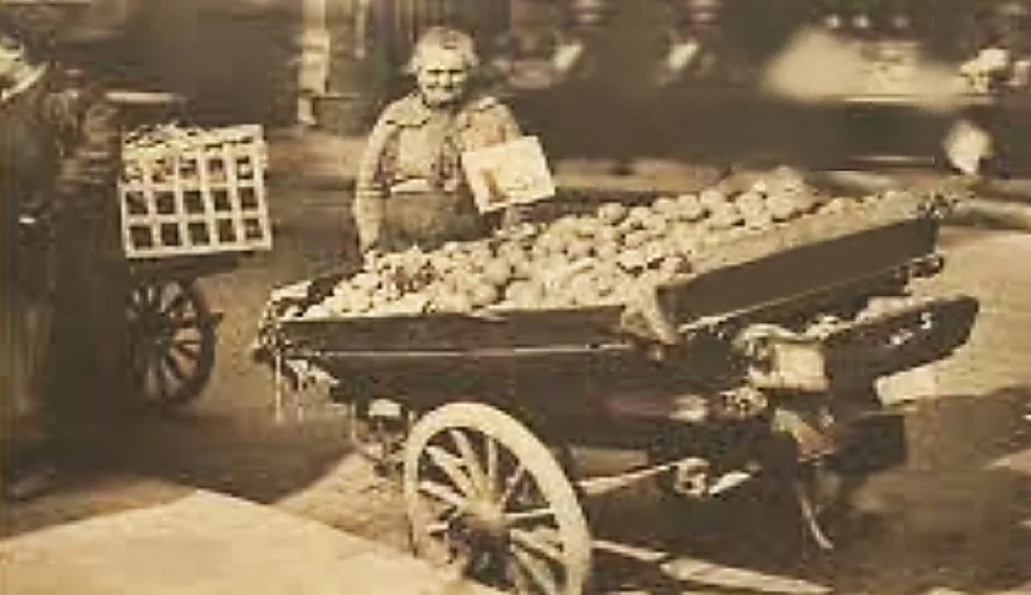 Une marchande derrière sa charrette à bras remplie de légumes